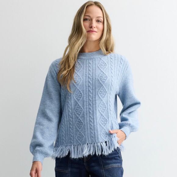 Farmers Market Sweaters - Farmers Market Blue Chunky Cable Knit Scarf Fringe Crewneck Sweater Large